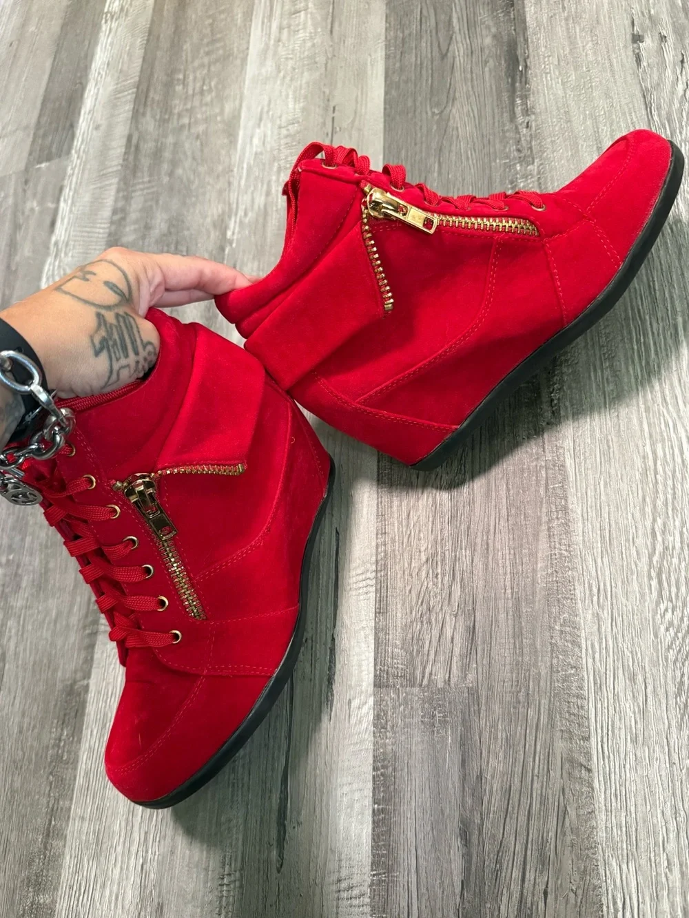 Red Wedge Sneaker Boots with Gold Zipper - Picture 5 of 10